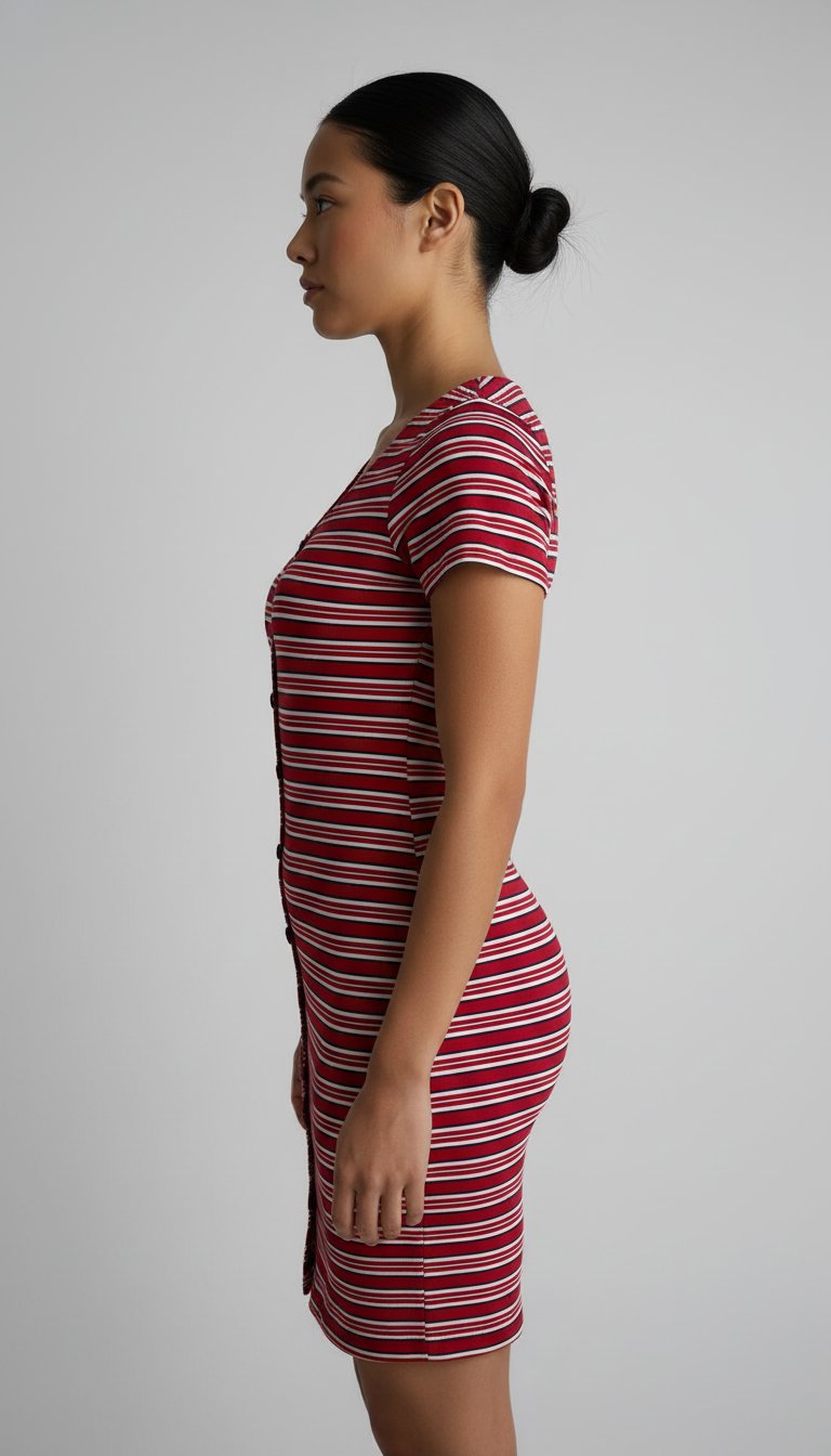 Vestido Corto de Punto a Rayas con Botones al Frente y Manga Corta