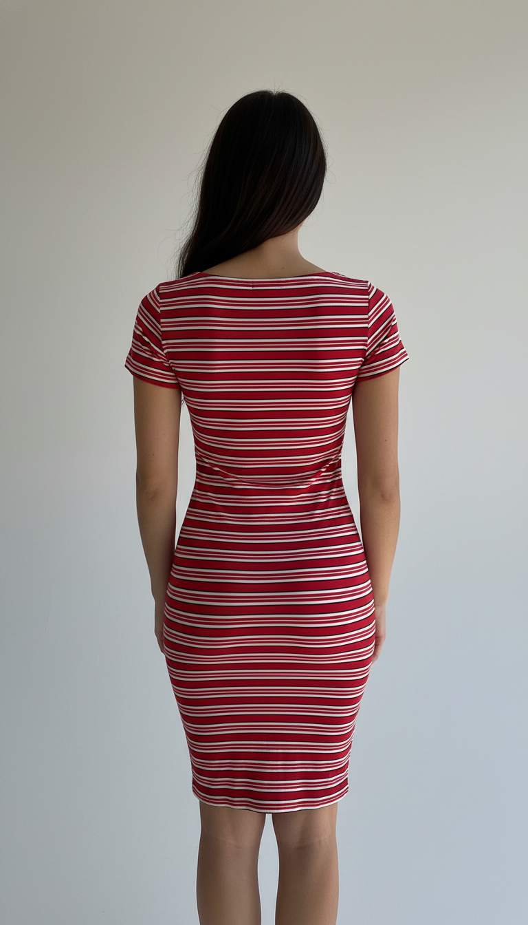 Vestido Corto de Punto a Rayas con Botones al Frente y Manga Corta