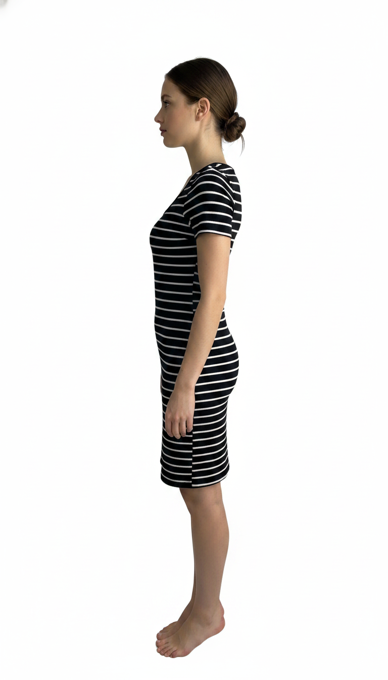 Vestido Corto de Punto a Rayas con Botones al Frente y Manga Corta