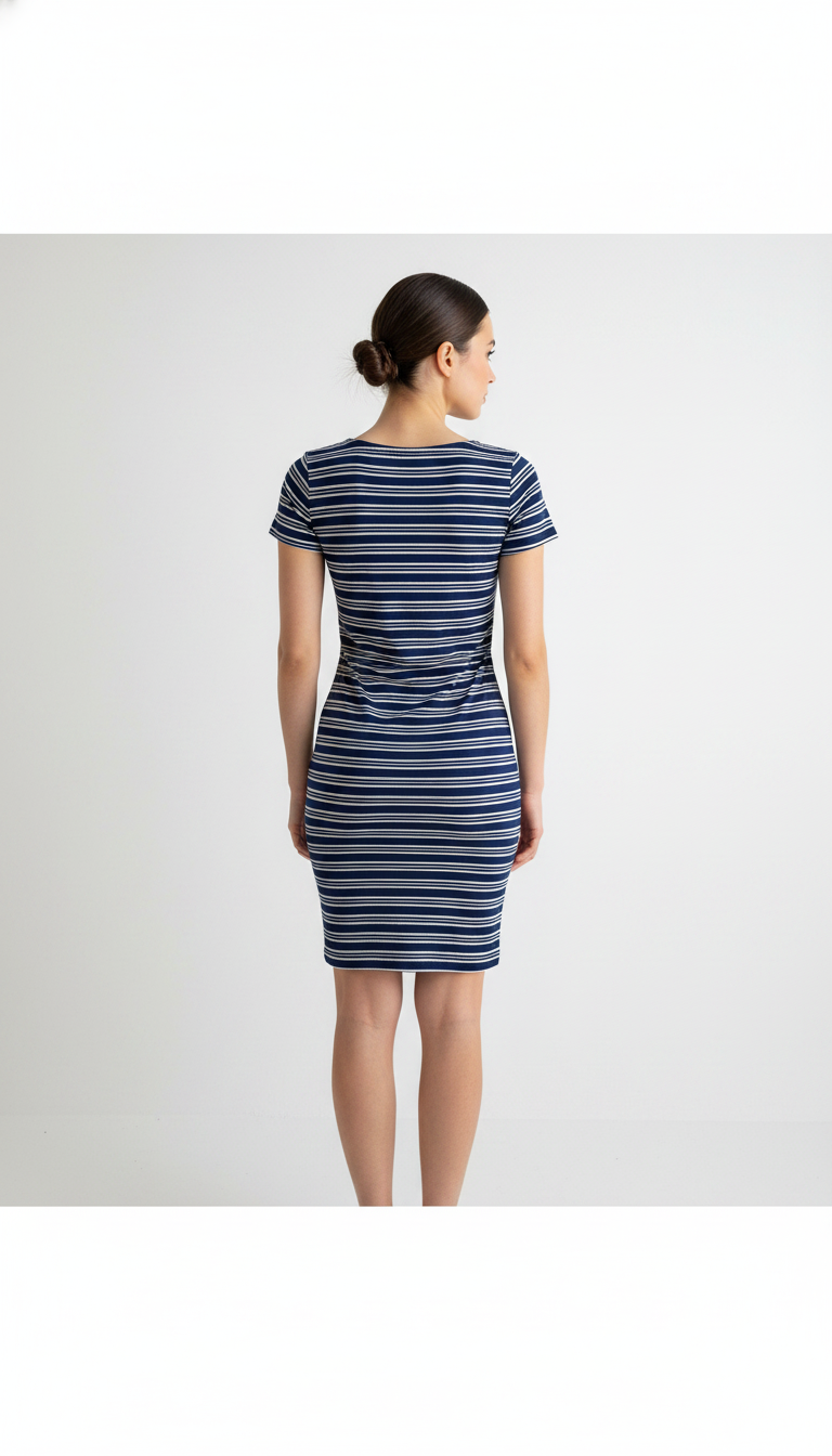Vestido Corto de Punto a Rayas con Botones al Frente y Manga Corta