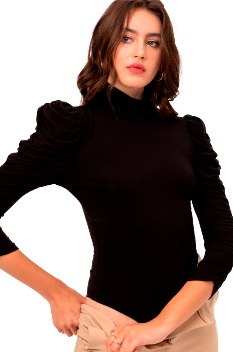 Pantiblusa Elegante Manga Larga Fruncida y Cuello de Tortuga
