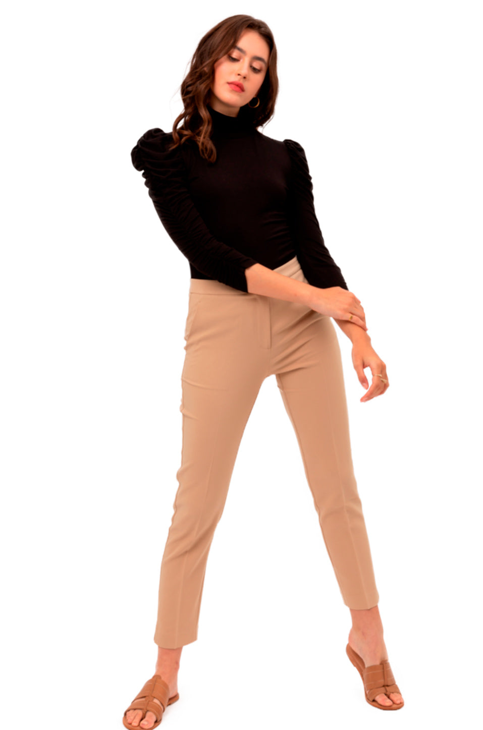 Pantiblusa Elegante Manga Larga Fruncida y Cuello de Tortuga