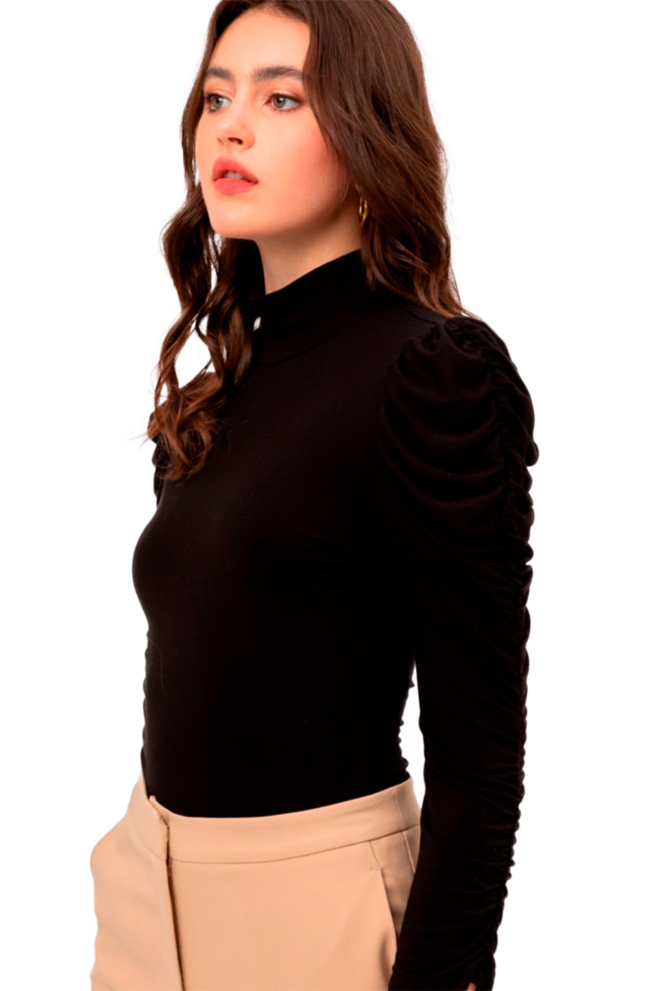 Pantiblusa Elegante Manga Larga Fruncida y Cuello de Tortuga