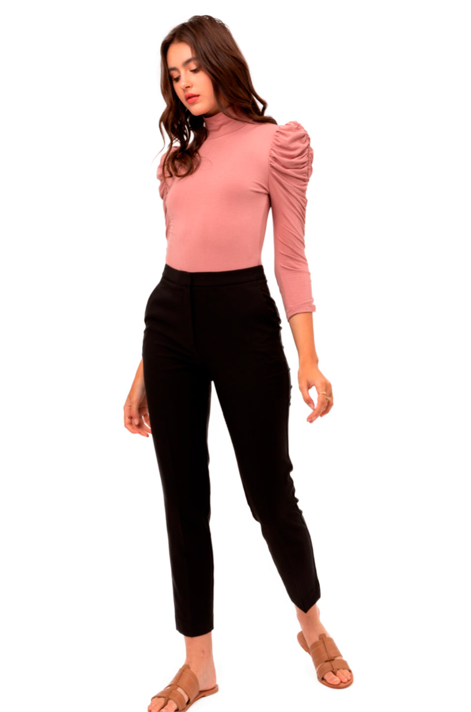 Pantiblusa Elegante Manga Larga Fruncida y Cuello de Tortuga