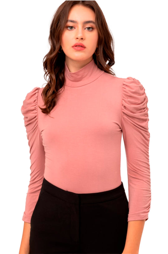 Pantiblusa Elegante Manga Larga Fruncida y Cuello de Tortuga
