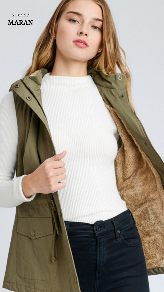 Chaleco Parka  con Gorro para Mujer – Gabardina Sin Mangas Ajustable