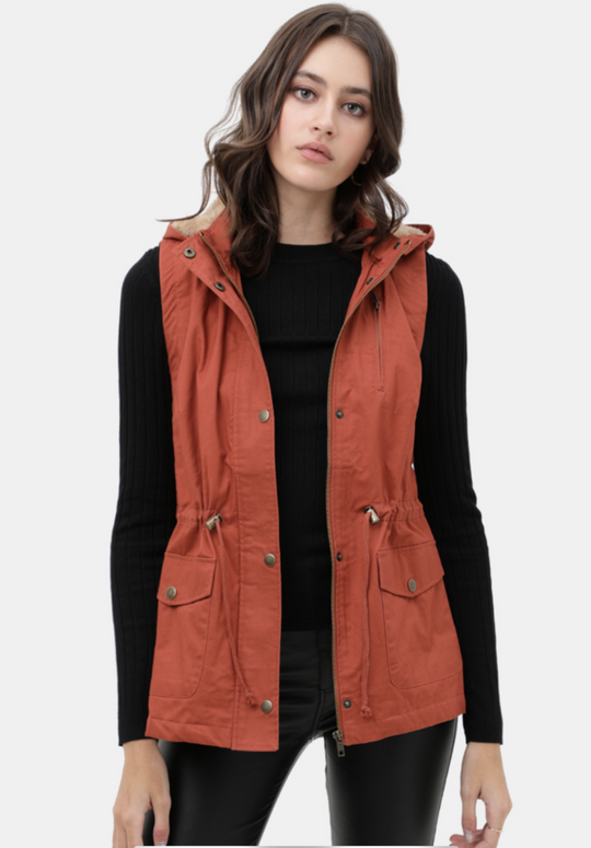 Chaleco Parka  con Gorro para Mujer – Gabardina Sin Mangas Ajustable