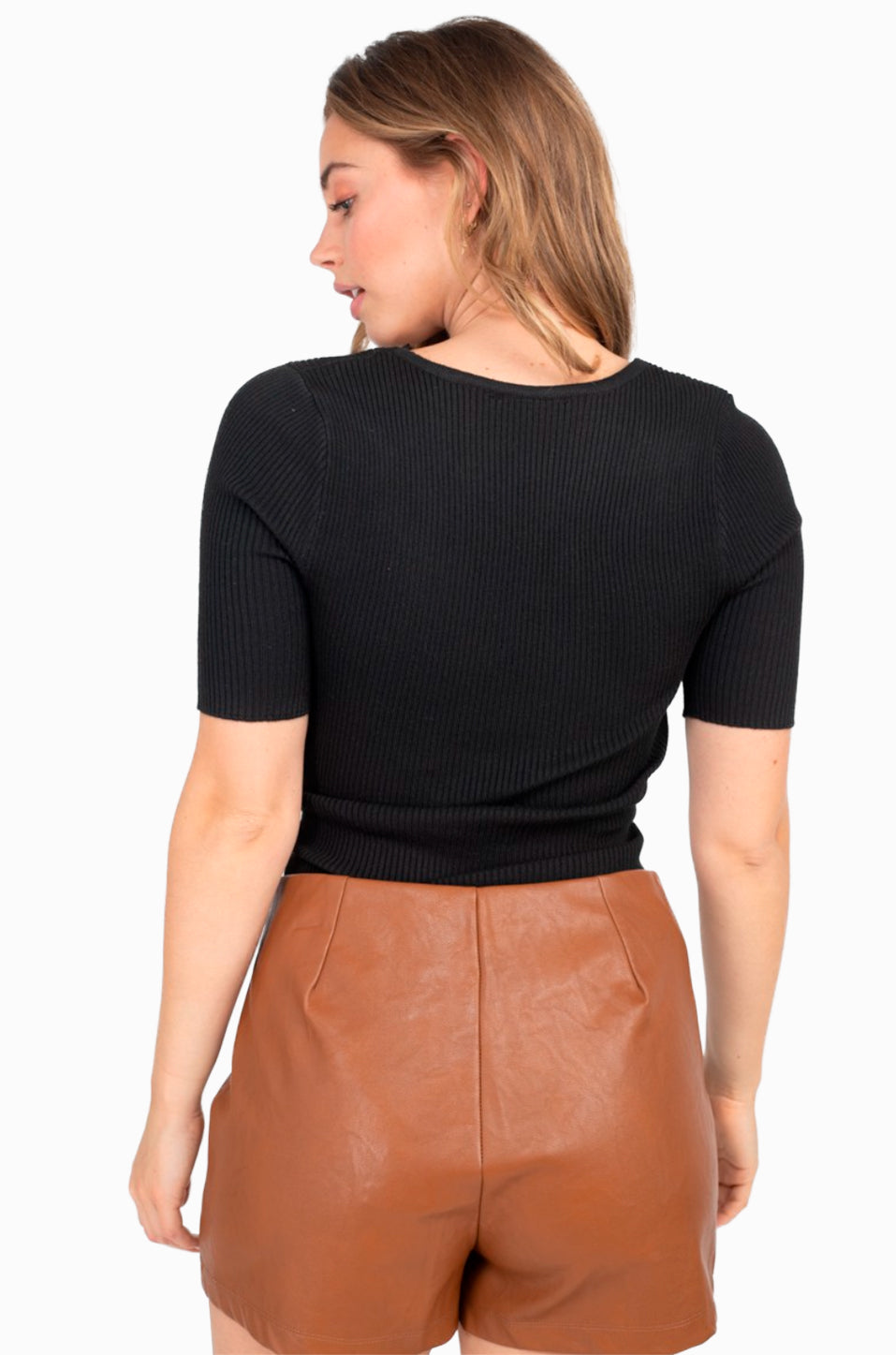 Body Pantiblusa Acanalada Manga Corta con Escote en V y Nudo Frontal