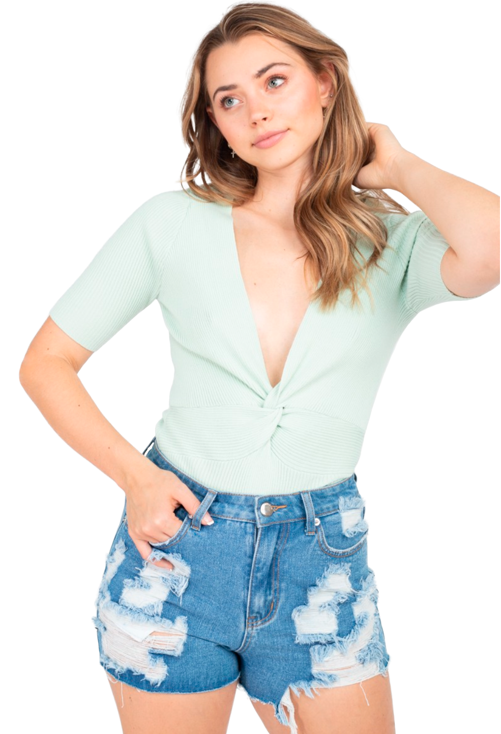 Body Pantiblusa Acanalada Manga Corta con Escote en V y Nudo Frontal