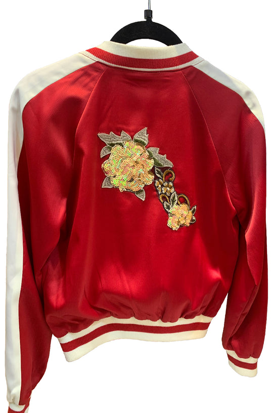 Chamarra Bomber Satinada con Bordado de Flor