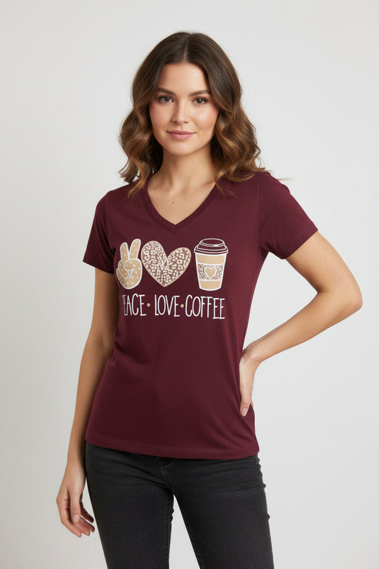 Playera Blusa para Mujer Cuello en V Peace Love Coffee Estampada