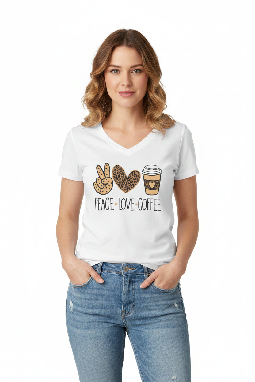 Playera Blusa para Mujer Cuello en V Peace Love Coffee Estampada