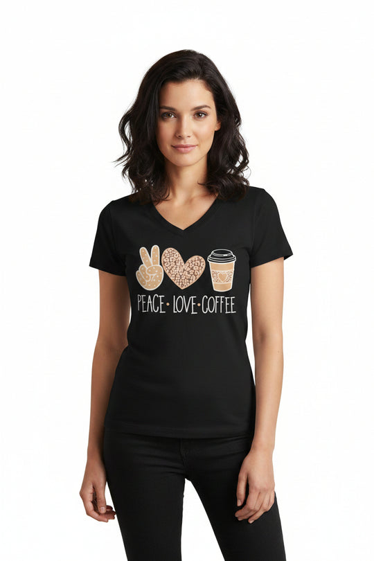 Playera Blusa para Mujer Cuello en V Peace Love Coffee Estampada